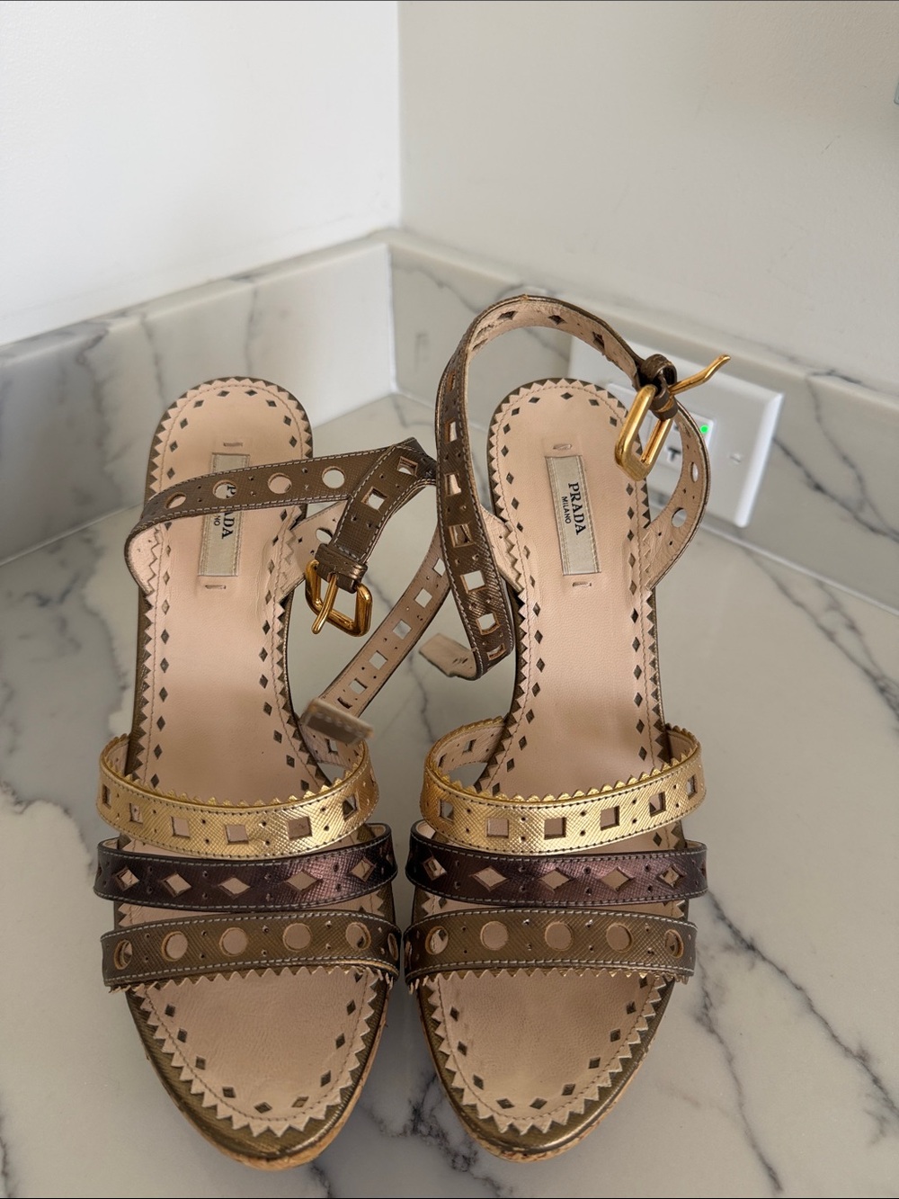 Prada Gold, Bronze and Brown Strappy Heeled Sandals